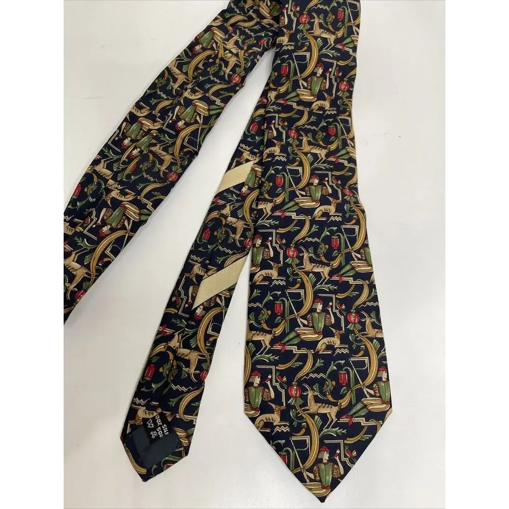 Salvatore Ferragamo Silk Tie Mens Blue Red Abstract Deer Hunter Print Pointed